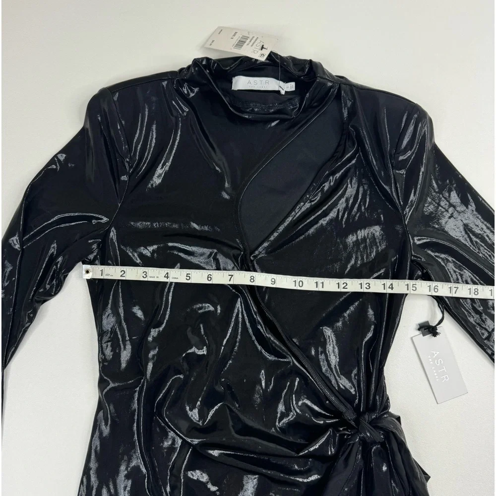 NWT ASTR The Cut Out Patent Long Sleeve Faux Wrap Mini Dress Small - Picture 6 of 16